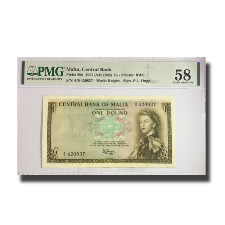 PMG 58  Choice Uncirculated Malta Banknote PICK 29a 1967 1 Pound A/9